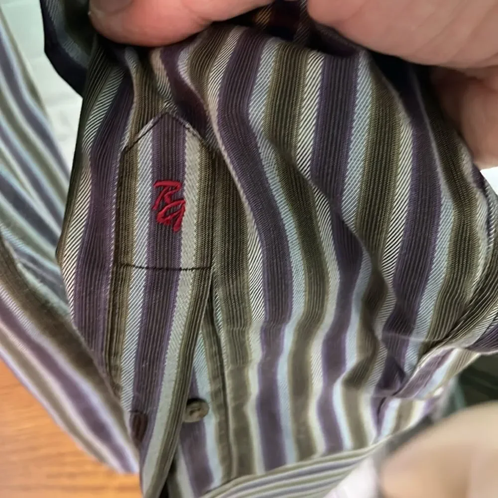 Robert Graham Shirt Mens Large Purple Green Striped Cotton Long Sleeve